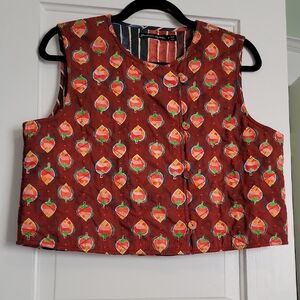 Gudrun Sjödén Cotton Quilted Strawberry Botanic Stripe Reversible Vest - M